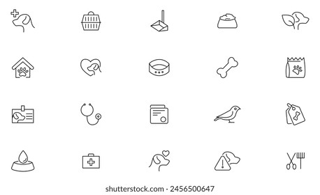 Veterinary, pet, vet, pet shop, dog care, training, cat, food line icons set collection. Outline icon collection. Pets line icons. Lovely animals icon pack. Vaccine, pet care, and dog paw.