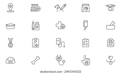 Tierarzt, Haustier, Tierarzt, Tierhandlung, Hundepflege, Training, Katze, Lebensmittellinien-Ikonen setzen Kollektion. Kollektion des Gliederungssymbols. Pets-Linien-Symbole. Schöne Tiere Icon Pack. Tierisches bearbeitbares Strichsymbol-Set.