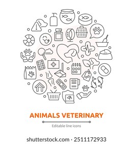 Veterinária, animal de estimação, veterinário, pet shop, cuidado de cães, treinamento, gato, ícones de linha de comida definir coleção. Contornar a coleção de ícones. Ícones de linha de animais de estimação. Vacina, cuidados com animais de estimação e pata de cachorro. Conjunto de ícones de traçado editável animal.