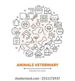 Veterinary, pet, vet, pet shop, dog care, training, cat, food line icons set collection. Outline icon collection. Pets line icons. Vaccine, pet care, and dog paw. Animal editable stroke icon set.