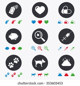 Veterinary, pets icons. Dog paws, syringe and magnifier signs. Pills, heart and feces symbols. Flat circle buttons with icons.
