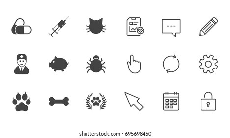 Veterinary, pets icons. Paw, syringe and bone signs. Pills, cat and doctor symbols. Chat, Report and Calendar line signs. Service, Pencil and Locker icons. Click, Rotation and Cursor. Vector