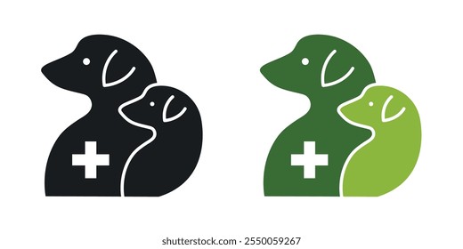 Veterinary pharmacy icon set in black and colored version