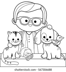 Veterinary physician doctor and pets. A cat, dog, a hamster and a bird. Vector black and white coloring page.