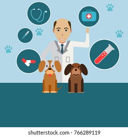 The veterinary profession. A love for animals. Vector flat illustration. Pets health care horizontal banners. Cartoon concept.