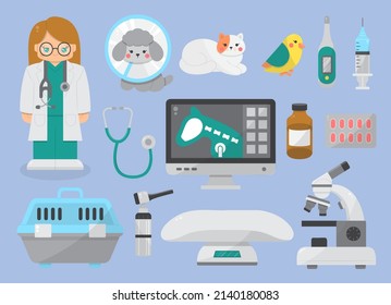 Veterinary professional equipment clinic set for healthcare service or medical center for animals. clinic equipment stethoscope, monitor, thermometer, syringe, bottle, pill, scale, microscope, x-ray