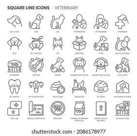 Veterinary related, pixel perfect, editable stroke, up scalable square line vector icon set. 