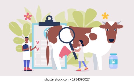 Veterinary science concept. Vets check Cow. Colorful flat vector illustration