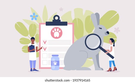 Veterinary science concept. Vets check Rabbit. Colorful flat vector illustration