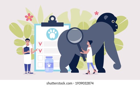 Veterinary science concept. Vets check Gorilla. Colorful flat vector illustration