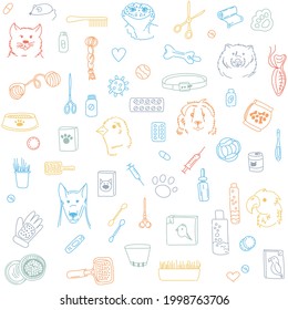 Veterinary seamless pattern with animals, medicines, food, toys. Vector linear illustration of pet grooming. Colored pattern on a white background.