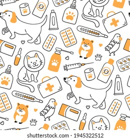 Veterinary seamless pattern with pets, medicines and food. A cat in a collar and a dog with a bandaged paw. Vector illustration in doodle style on white background
