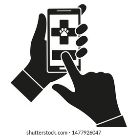 Veterinary service online with hand holding smart mobile touch screen phone on a white background