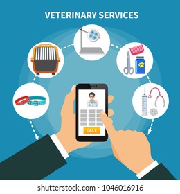 Veterinary service online menu flat round icons composition with hand holding smart mobile touch screen phone vector illustration 