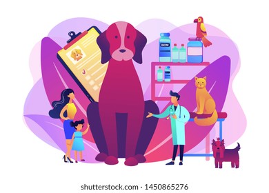 Veterinary service, pharmacy and clinic. Animals treatment. Veterinarian consultation. Vet clinic, vet surgical services, pets medical care concept. Bright vibrant violet vector isolated illustration