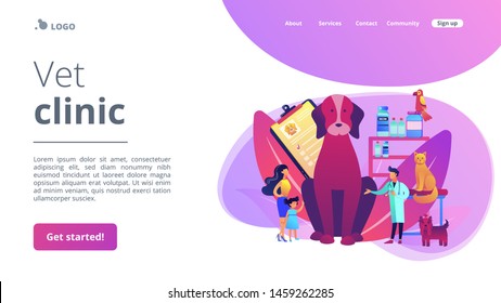 Veterinary service, pharmacy and clinic. Animals treatment. Veterinarian consultation. Vet clinic, vet surgical services, pets medical care concept. Website homepage landing web page template.