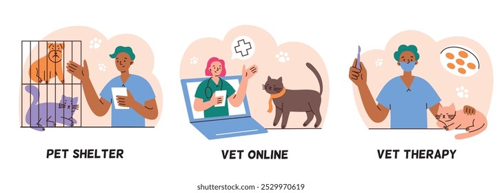 Veterinary service set with pet shelter, online vet consultation, and vet therapy. Cartoon vector illustration, domestic animals, healthcare, and medical care. Flat style, doodle icons