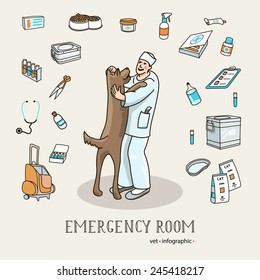 Veterinary services - Emergency Room. Set of icons and characters veterinary medicine.  Infographic elements, helthcare, vet. Vector illustration.