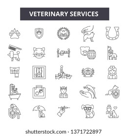 Veterinary services line icons, signs set, vector. Veterinary services outline concept, illustration: animal,veterinary,pet,care,service,dog,symbol