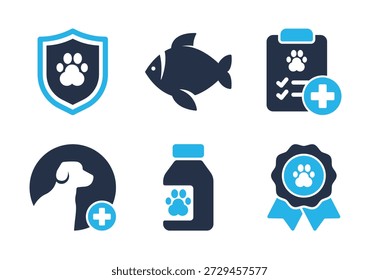 Conjunto de ícones de Serviços Veterinários e Certificação de Animais. Ícones da série de glifos sólidos