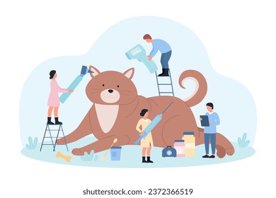 Veterinary services for pet vector illustration. Cartoon tiny veterinarians care for giant cat, doctors examine happy cute kitten health, cleaning ears and healing with vaccine in vet hospital