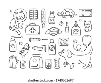 Equipo veterinario con mascotas, medicamentos y alimentos. Un gato en un collar y un perro con una pata vendada. Ilustración vectorial en estilo doodle sobre fondo blanco