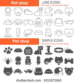 Veterinary shop simple and line icons set for web and mobile design