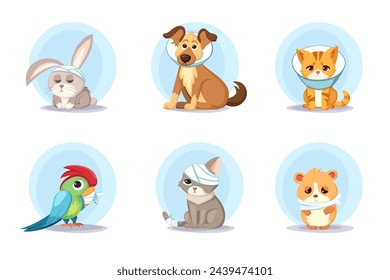 veterinary sick animals. cartoon cute animal characters collection, veterinarian treatment handicapped rehabilitation animals. vector cartoon characters collection.