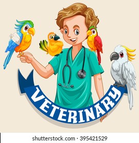 Veterinary sign with pet birds and vet illustration