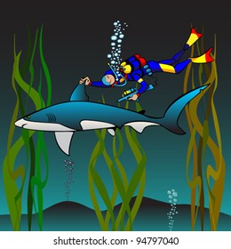 The veterinary  the skin-diver does  vaccination to a shark, cartoon picture.There are gradients.