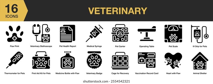 Veterinary solid icon set. Includes paw print, medical syringe, carrier, pet health, and More. Solid icons vector collection.