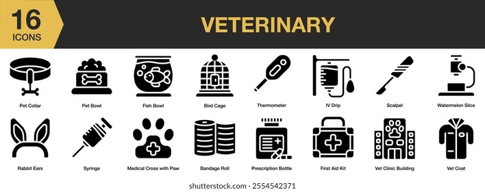 Veterinary solid icon set. Includes pet collar, fish bowl, pet bowl, scalpel, syringe, and More. Solid icons vector collection.