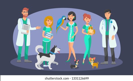 Veterinary Staff Flat Vector Color Characters. Cartoon Veterinarians, Receptionist, Pet Lovers, Nurses, Animals. Vet Medical and Animal Owners in Poses. Animal Care Service Horizontal Illustration