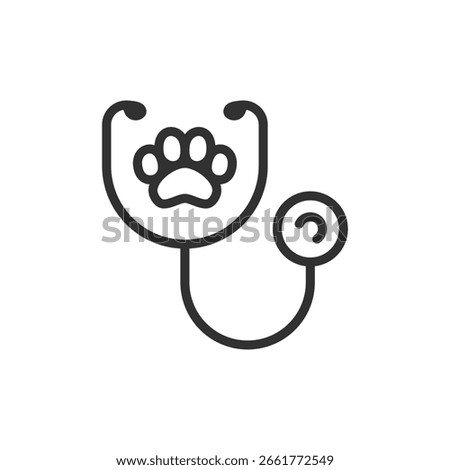 Veterinary stethoscope with paw print linear icon. pet health check, vet care, and animal diagnostics. Editable stroke.