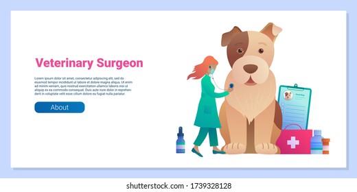 Veterinary surgeon landing page in cartoon style. Female veterinarian checking up dog with stethoscope at vet clinic. Terrier at medical examination, pets diagnosis and treatment vector illustration