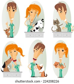 Veterinary Surgeon, Veterinarian, Or Vet Cartoon Action Set.