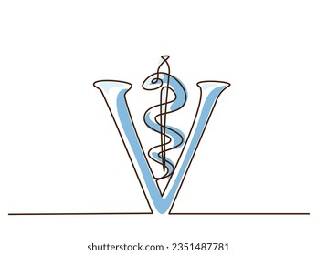 Símbolo veterinario - serpiente caduceus con vara. Dibujo continuo de una línea coloreado con puntos de color. Ilustración del vector