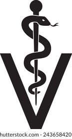 Símbolo Veterinario Serpiente Caduceus con Palo. Signo médico. Vara de Asclepio. Ilustración vectorial.