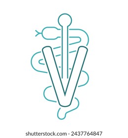 Veterinary symbol. Caduceus snake with stick. Editable vector illustration in outline style isolated on a white background