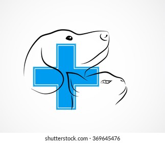 Veterinary symbol with cats and dogs face and blue cross as symbol of health care
