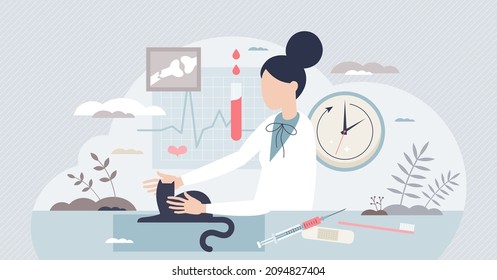 Veterinary Technician Work And Animal Healthcare Doctor Tiny Person Concept. Pets Examination And Expertise Job To Help Cats And Dogs To Determinate Diagnosis Vector Illustration. Vet Tech Daily Scene