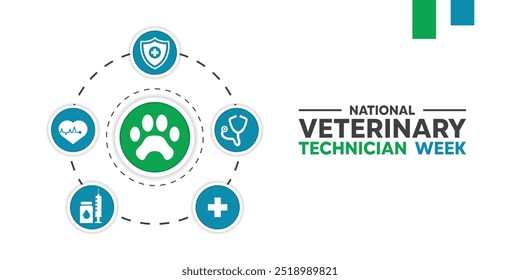 Semana de Técnicos Veterinarios. Estetoscopio, icono de mascota, jeringa, escudo, icono de plus y más. Ideal para tarjetas, Anuncios, carteles, redes sociales y más. El fondo blanco.