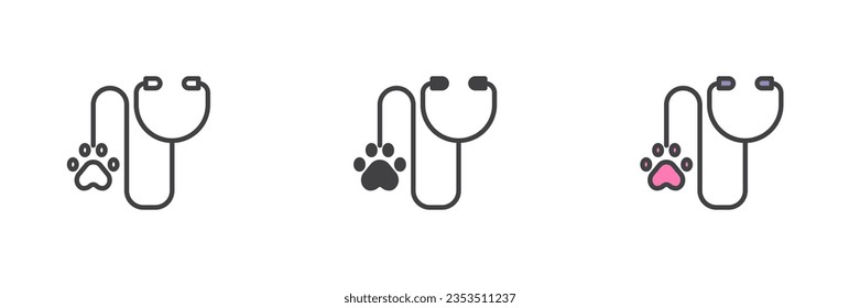 Tierversuche mit anderen Stilsymbolen. Linie, Glyph und gefüllte Umrissversion, Umriss und ausgefülltes Vektorzeichen. Stethoskop und Pfotendrucksymbol, Logo-Illustration. Vektorgrafik