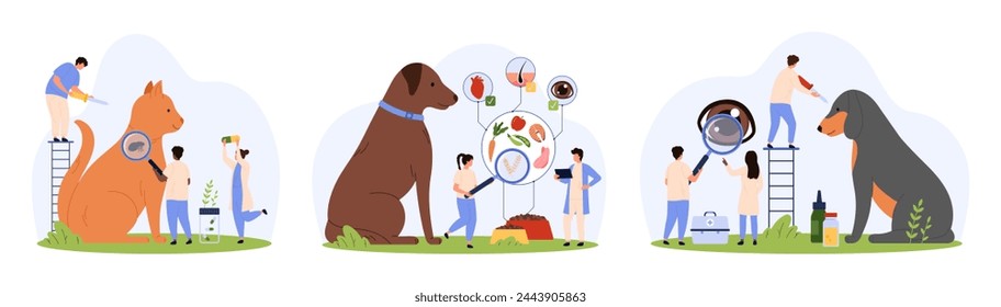 Veterinary treatment, care for pets health set. Tiny people research dry food for animal with magnifying glass, put eye drops on puppy, flea medicine on cats skin cartoon vector illustration