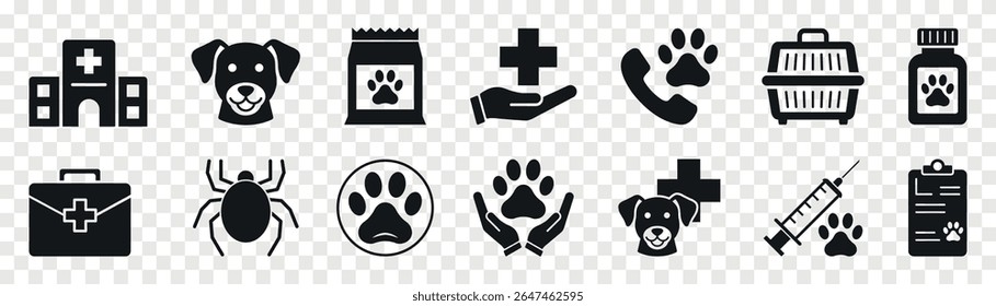 Veterinary vector flat black icon set. Pet health care.