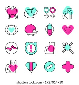Veterinary vector icons set. Animal medical service signs collection. Flat style illustrations.