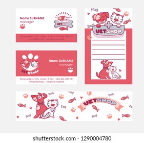 Veterinary vector pet animal character on vetshop business-card and vetclinic logo logotype backdrop illustration set of cat dog on vet shop business card background badge
