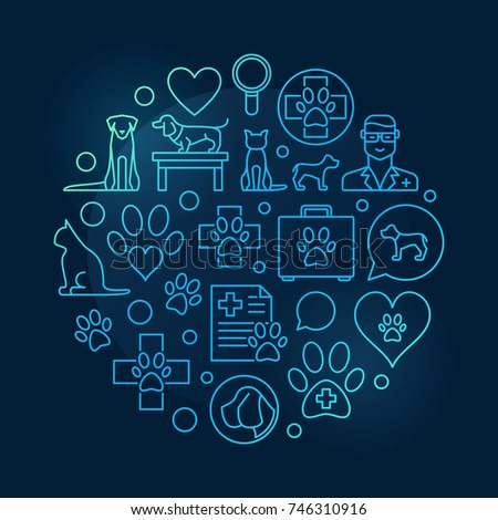Veterinary vector round blue illustration made with linear icons. Pet clinic line sign on dark background