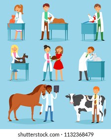 Veterinary vector veterinarian doctor man or woman treating pet patients cat or dog illustration set of vet people with animalistic characters in vetclinic isolated on background