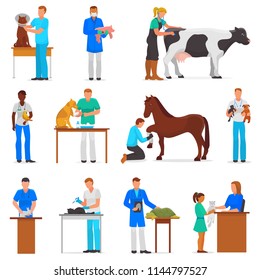 Veterinary vector veterinarian doctor man or woman treating pet patients cat or dog illustration set of vet people with animalistic characters in vetclinic isolated on white background